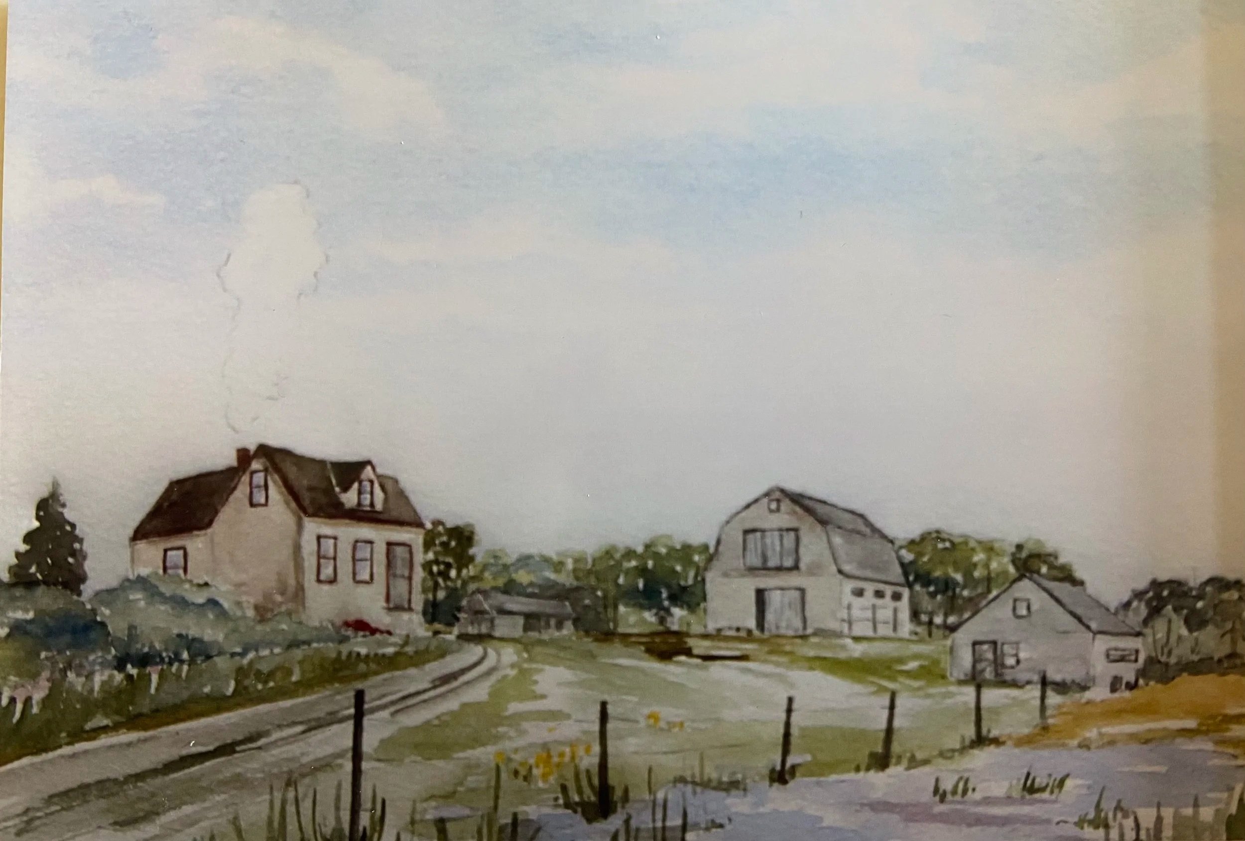 Watercolor painting of a small suburban neighborhood with houses, trees, and a winding road, under a cloudy sky.