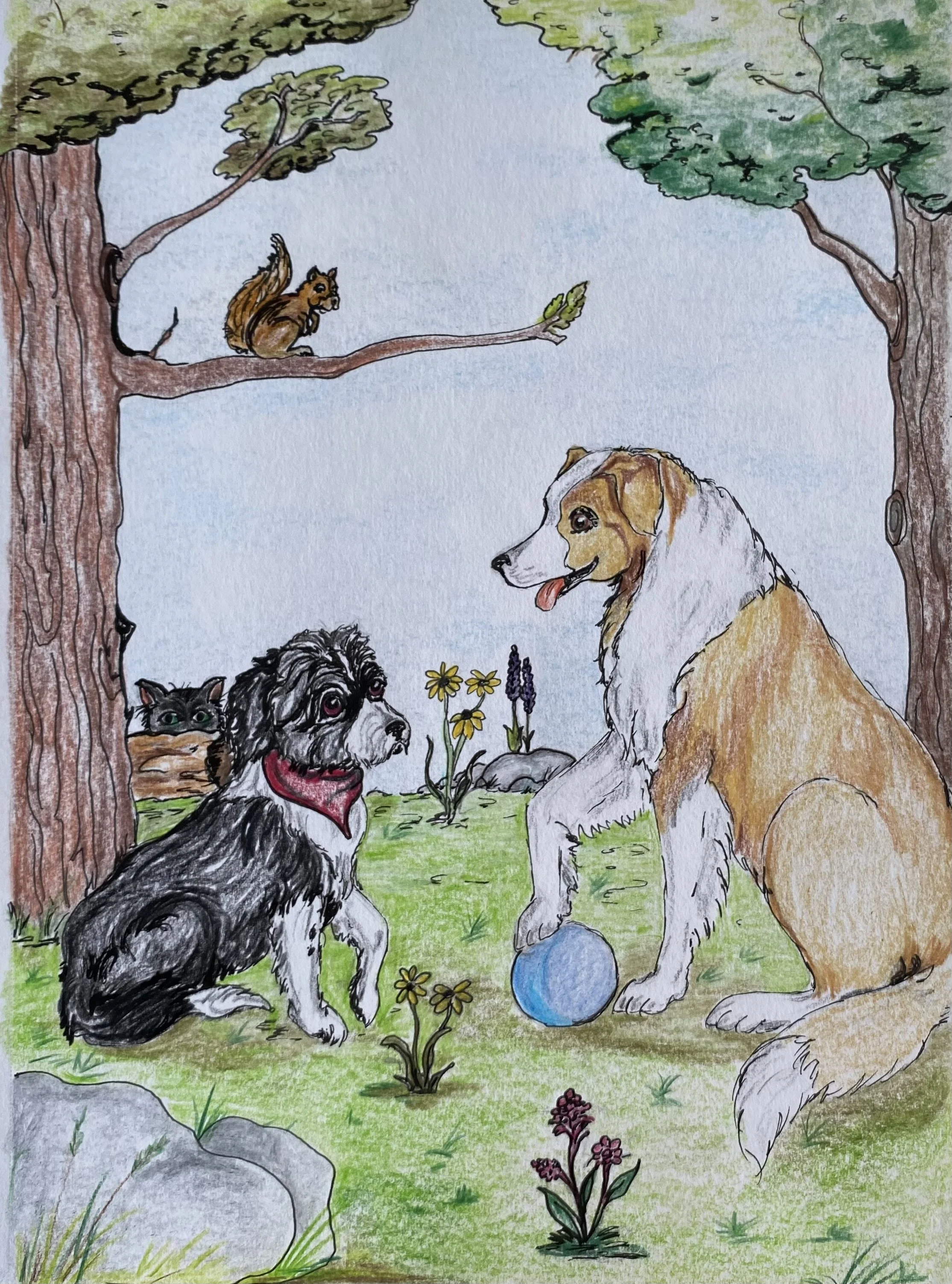 A colorful drawing of a forest scene with a dog, a black and white dog with a bandana, a squirrel on a tree branch, and various flowers and rocks.