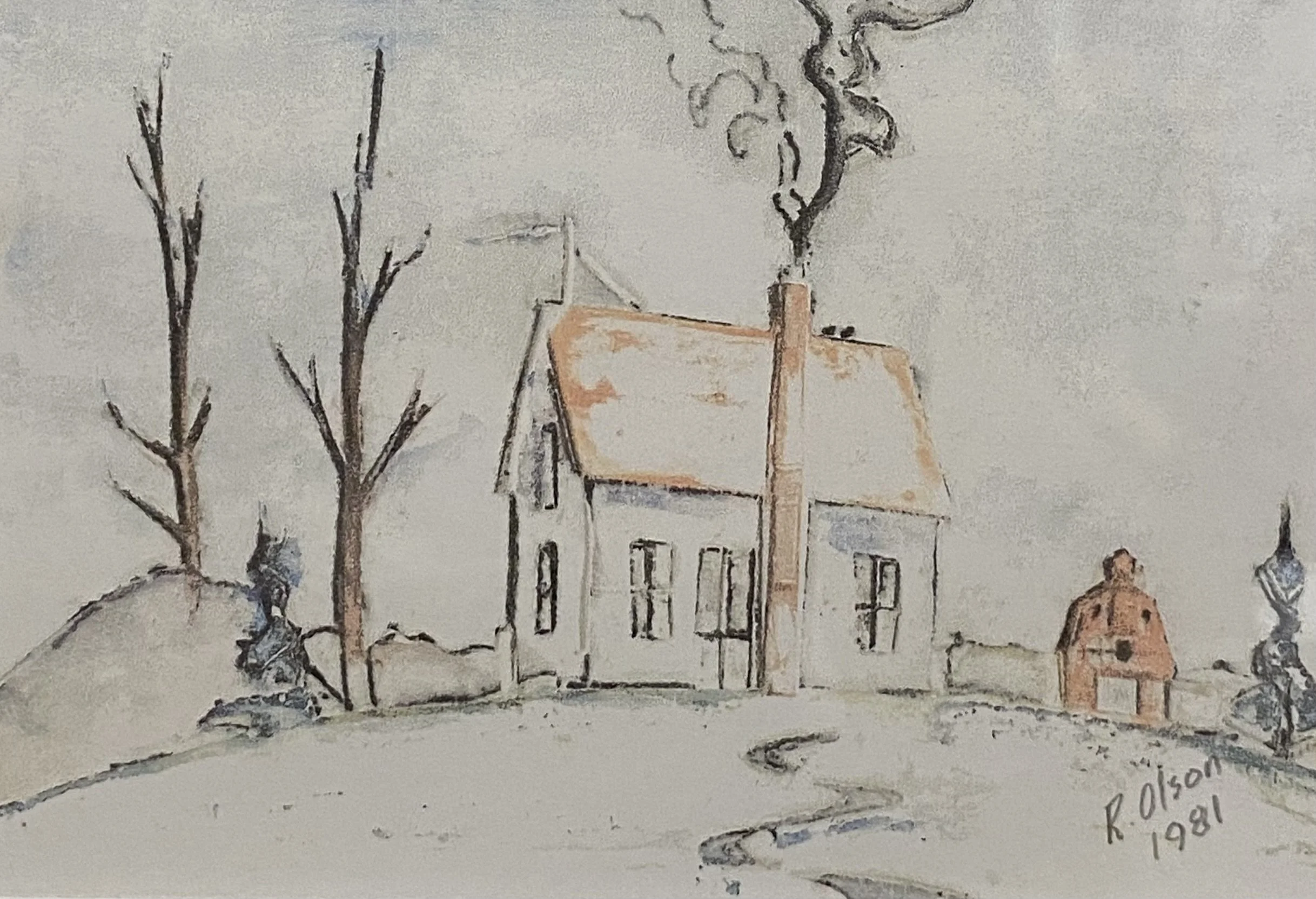 A watercolor painting depicting a winter scene with a house, barren trees, a snow-covered ground, and two people walking outside. Smoke rises from the church chimney, and there is a handwritten signature and date in the bottom right corner.
