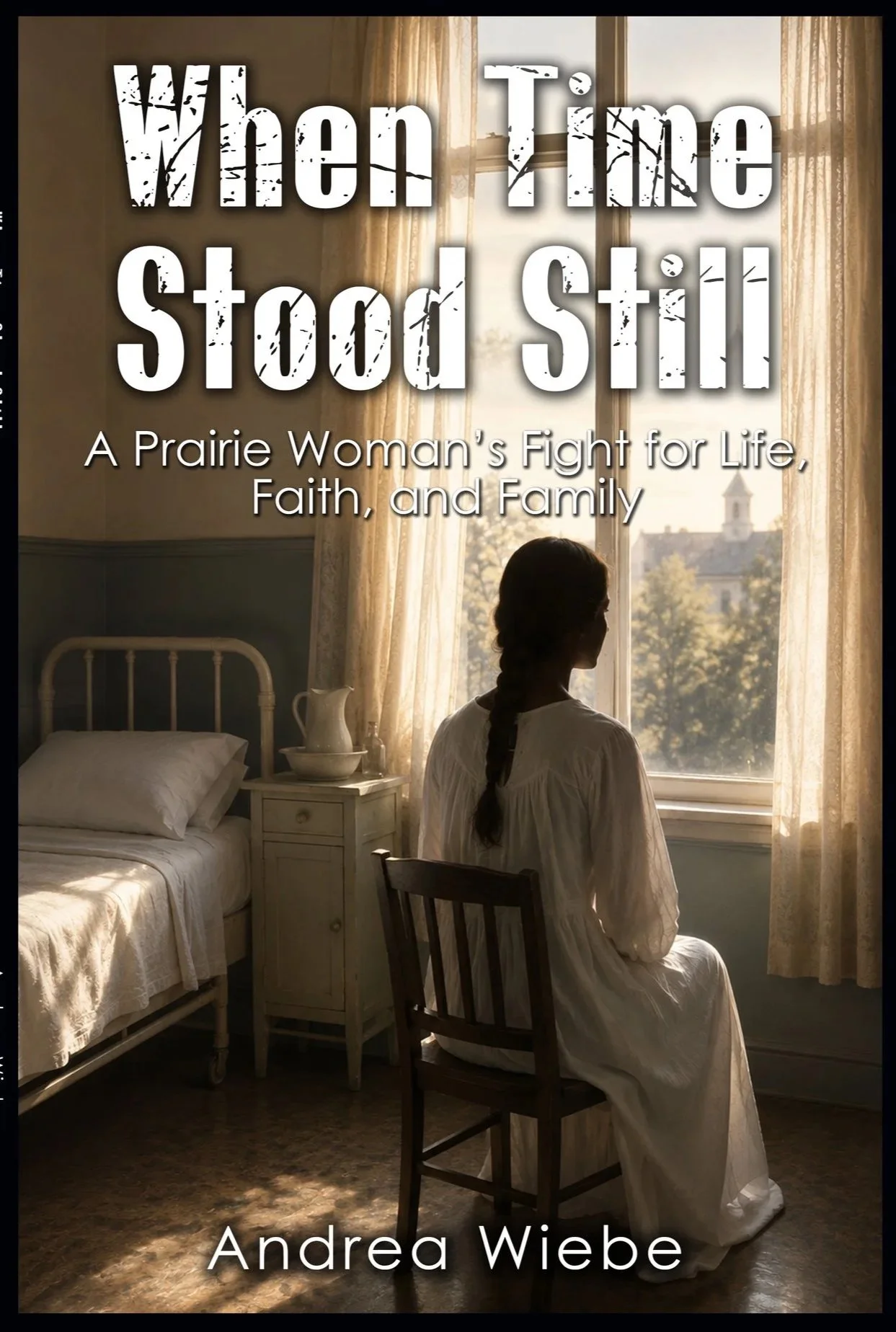 A woman in a white dress sitting on a wooden chair by a window with sheer curtains, looking outside. The room has a bed with white linens, a bedside table with a pitcher and basin, and sunlight casting shadows on the floor.