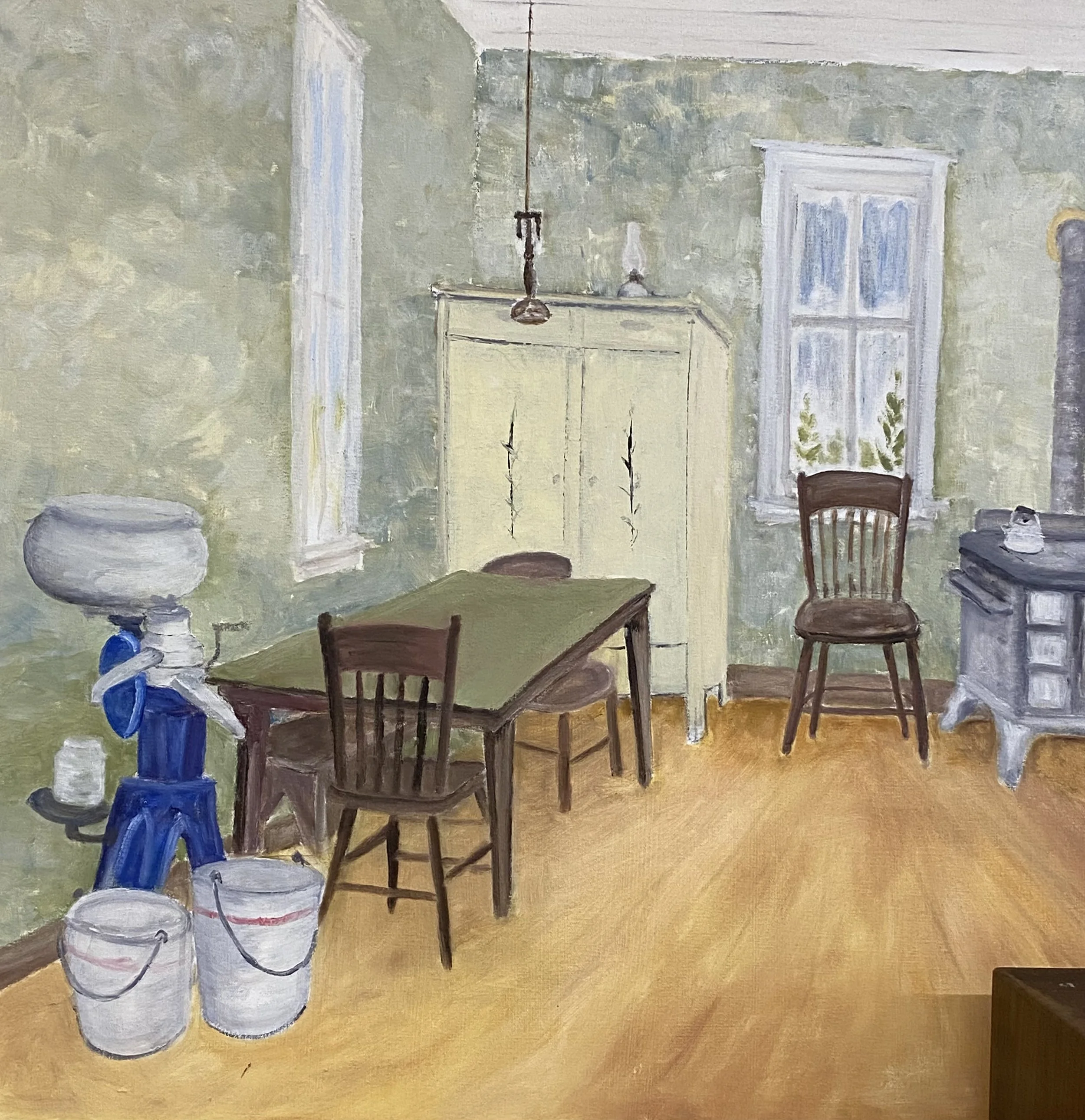 A painting of an interior room with green walls, a window, a table with chairs, a vase on the table, and a set of stacked buckets on the left side.