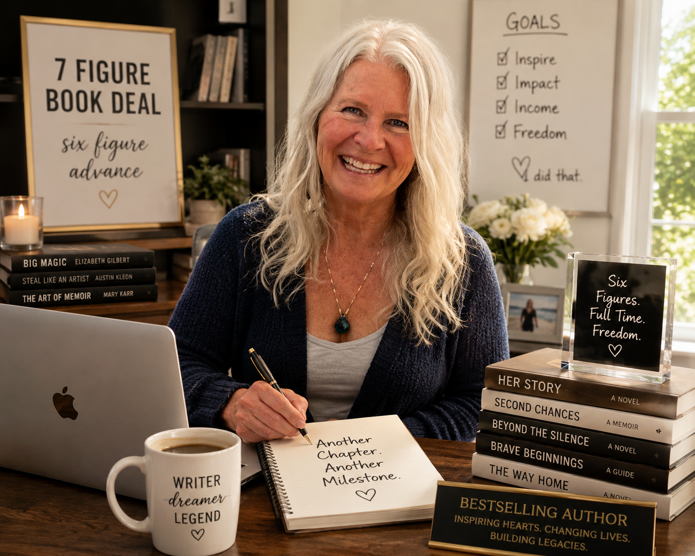 A woman with long blonde hair smiling and sitting at a desk, surrounded by books, a laptop, a coffee mug, and whiteboards with goals and achievements written on them. She is holding a pen in her right hand and has a notebook open with the message 'Another Chapter. Another Milestone.' written inside.