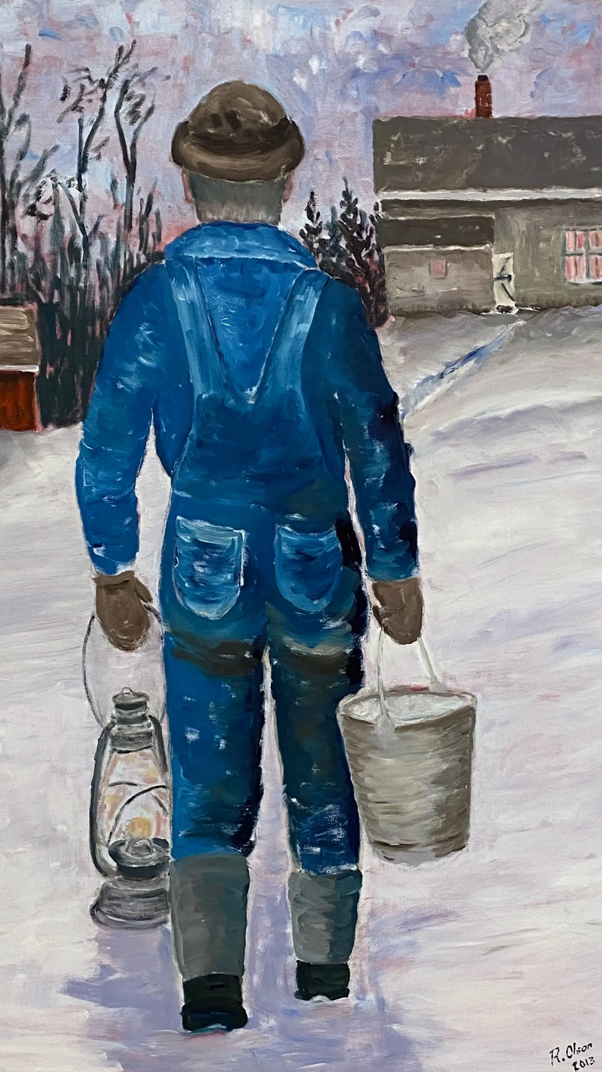 A person walking on snow-covered ground, carrying buckets and a lantern, wearing a brown hat, blue overalls, and gloves, near a house with a chimney emitting smoke.
