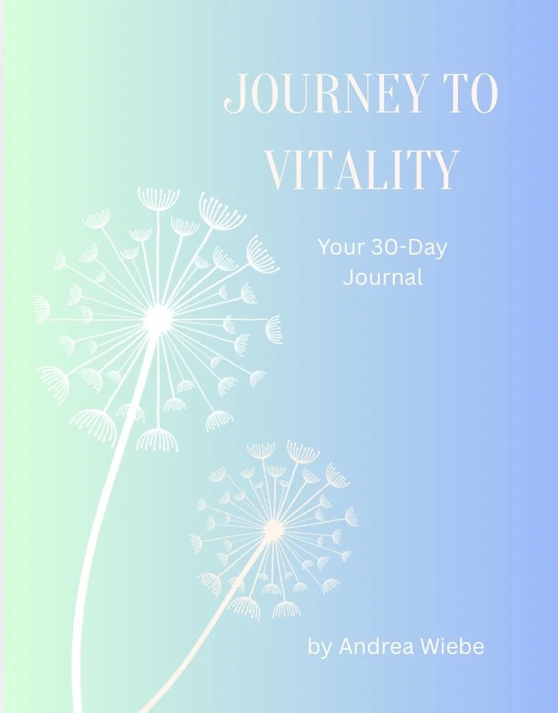A pastel-colored gradient cover with white dandelion illustrations and text that reads "Journey to Vitality: Your 30-Day Journal" by Andrea Wiebe.