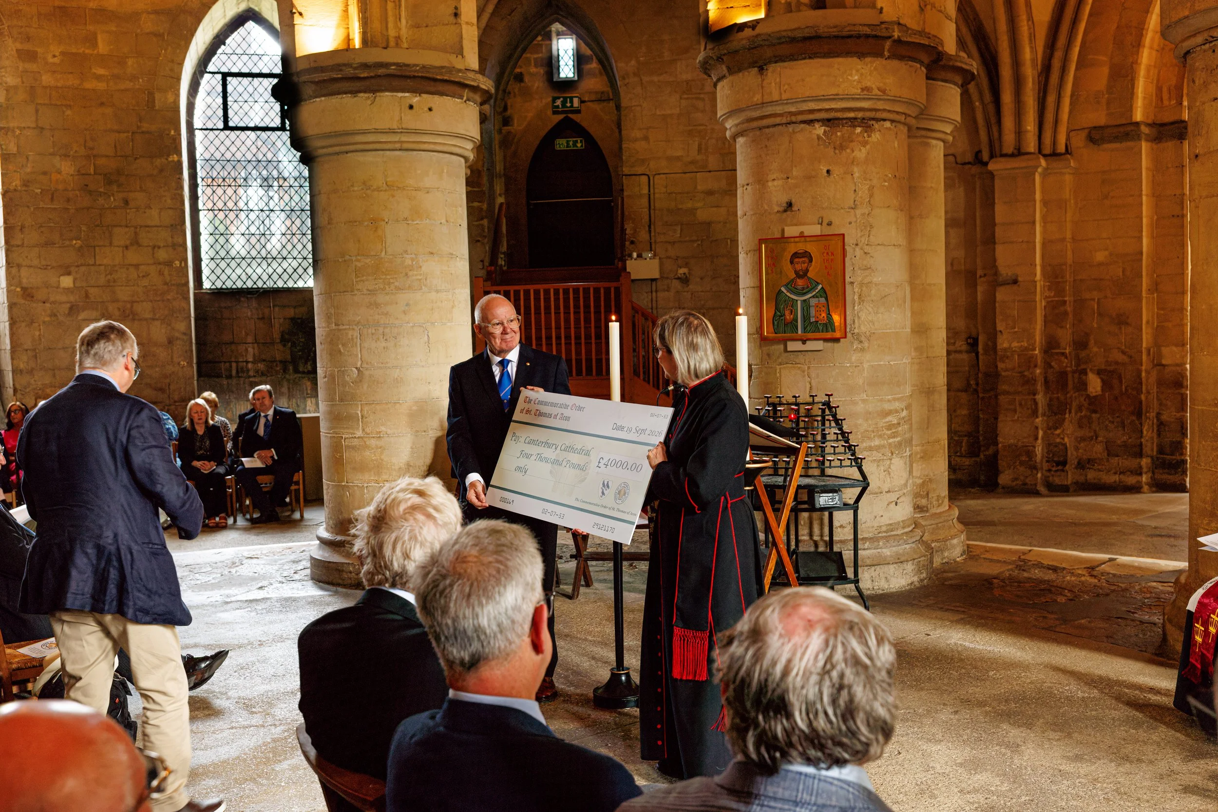 Cheque presentation to Canterbury Cathedral for £4000 during the 2026 Pilgrimage by the Most Worthy Grand Master Sir Philip of Hamilton