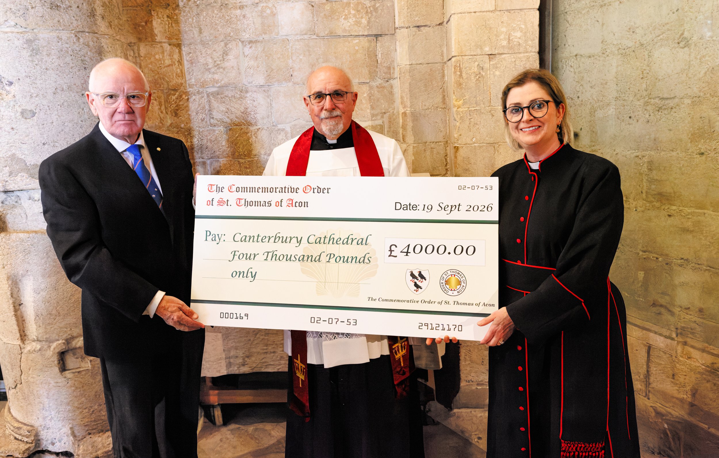 Cheque presentation to Canterbury Cathedral for £4000 during the 2026 Pilgrimage by the Most Worthy Grand Master Sir Philip of Hamilton