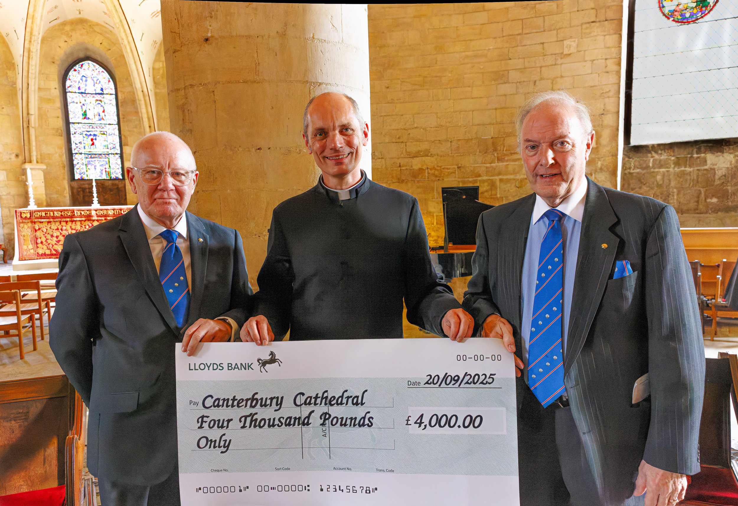 Rt Worthy Grand Master Sir Philip of Hamilton and the Grand Prior Sir Harry of Benfro presenting a cheque from the Order to Canterbury Cathedral