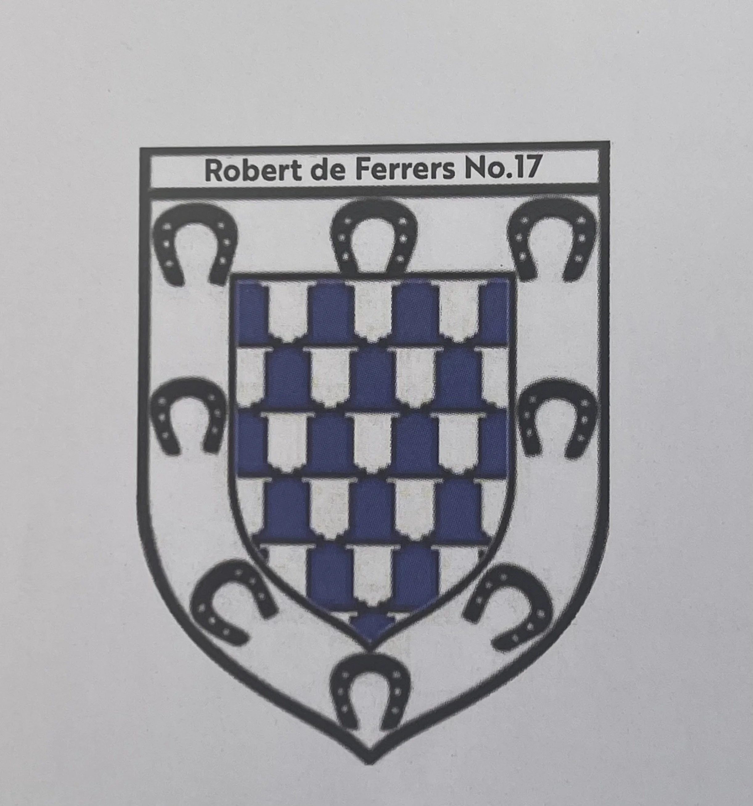 Black outline of a Superman logo with a blue and white striped shield and horseshoe symbols on top, with the text "Robert de Ferrers No.17" above.