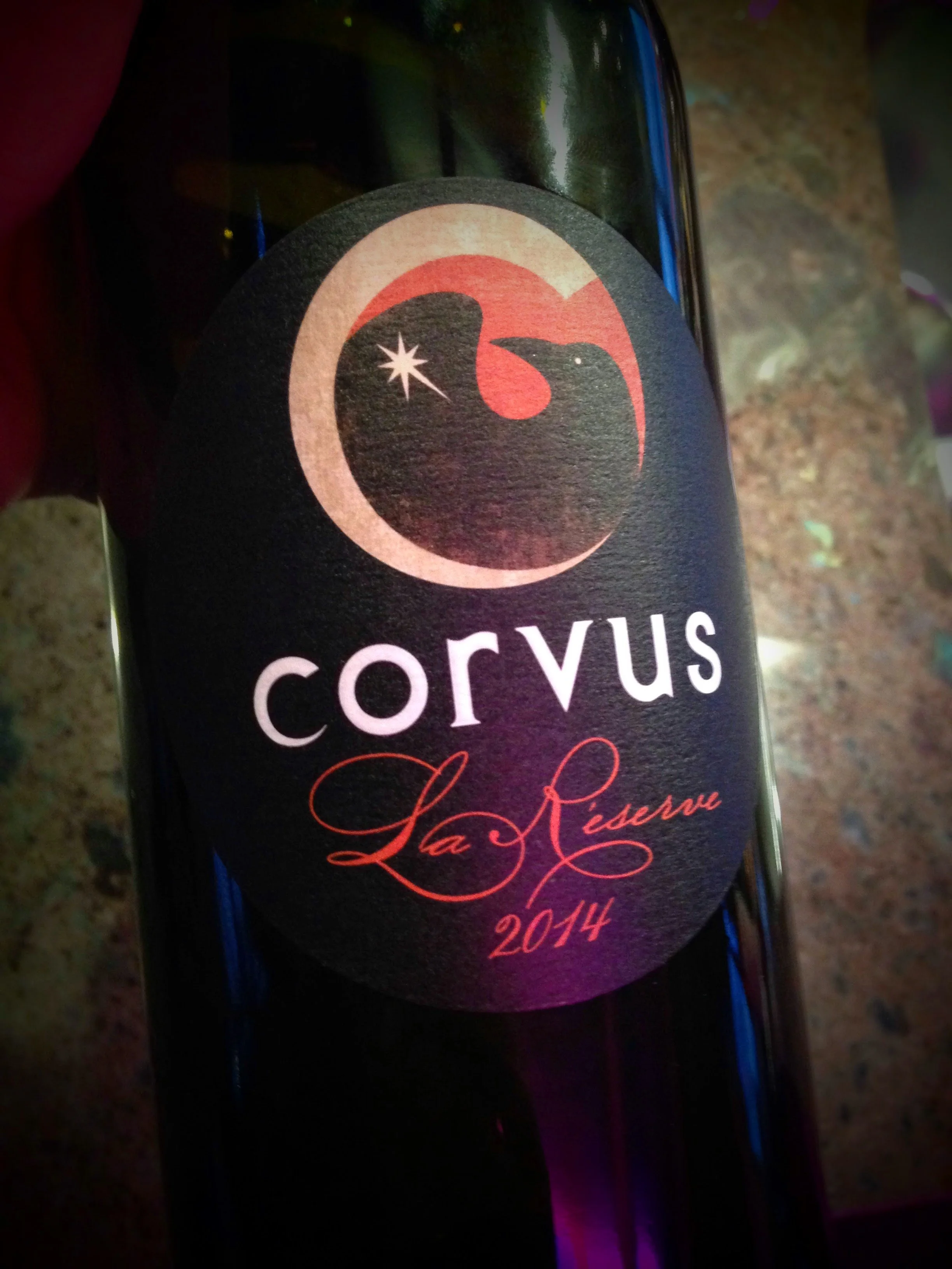 Close-up of a Corvus Cellars wine, La Reserve 2014