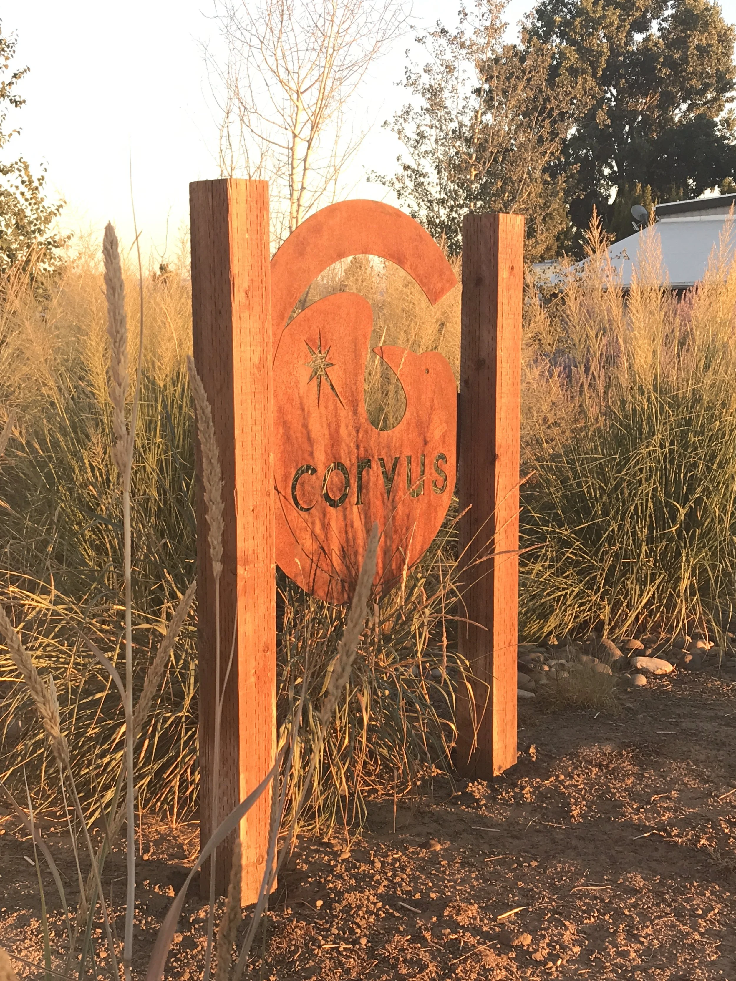 A decorative orange metal sculpture of a heart and a star on two red wooden posts in a field of tall, dry grass during sunset.