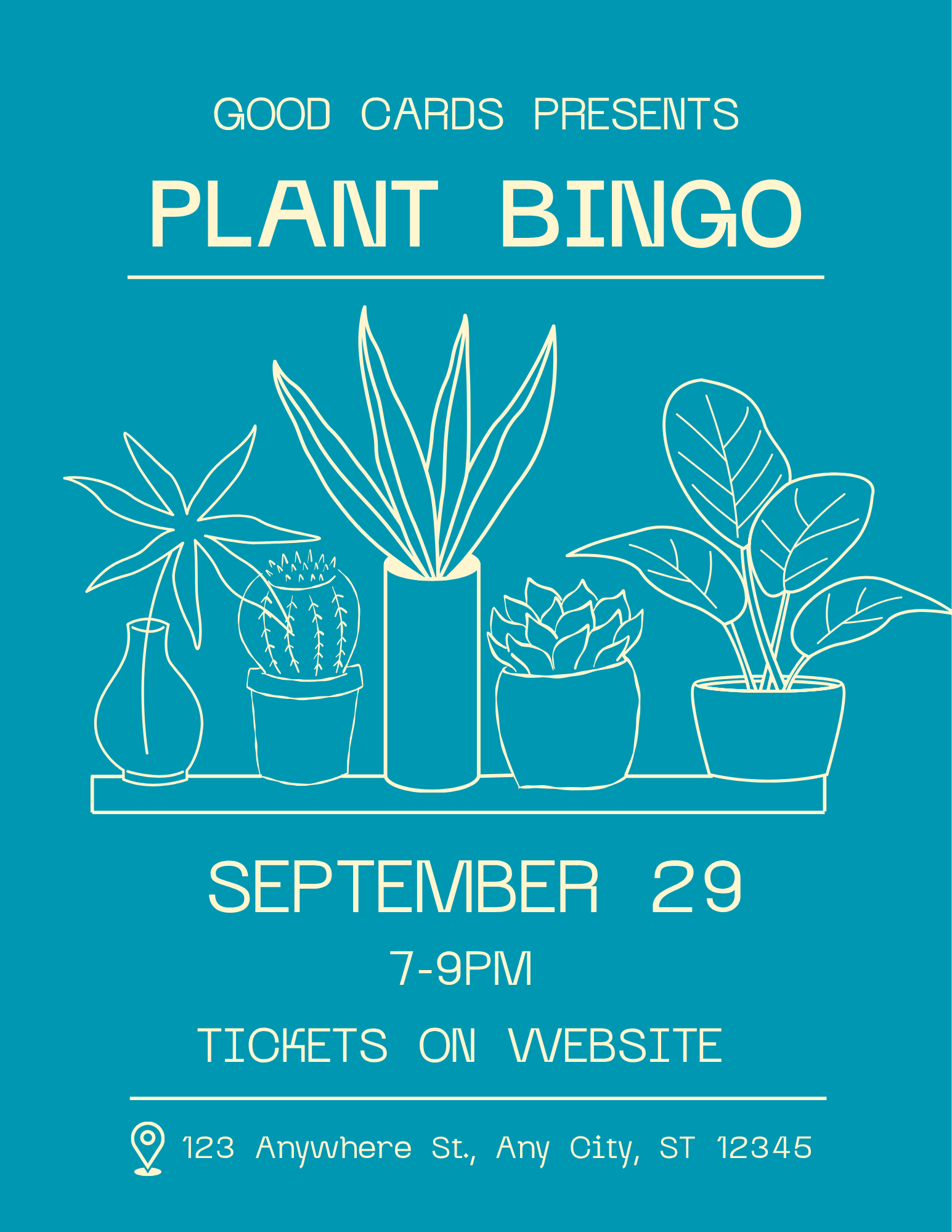 A poster advertising a plant bingo event presented by Good Cards on September 29 from 7 to 9 PM, with details to purchase tickets on their website. The poster has illustrations of various potted plants and flowers on a teal background.