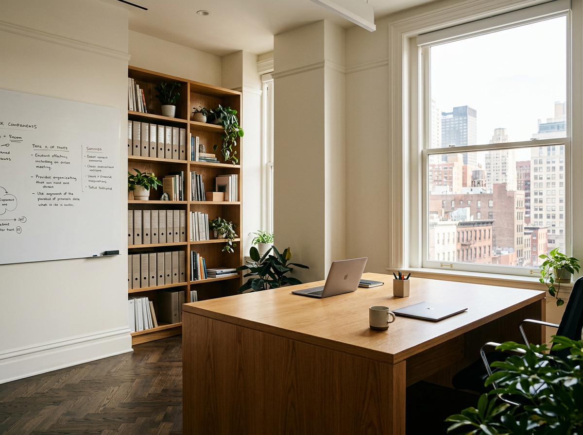 Escritório com uma mesa de madeira, um laptop aberto, uma caneca, um caderno, canetas em um porta-canetas, uma estante com livros e pastas, plantas ao redor e janelas grandes com vista para prédios da cidade.