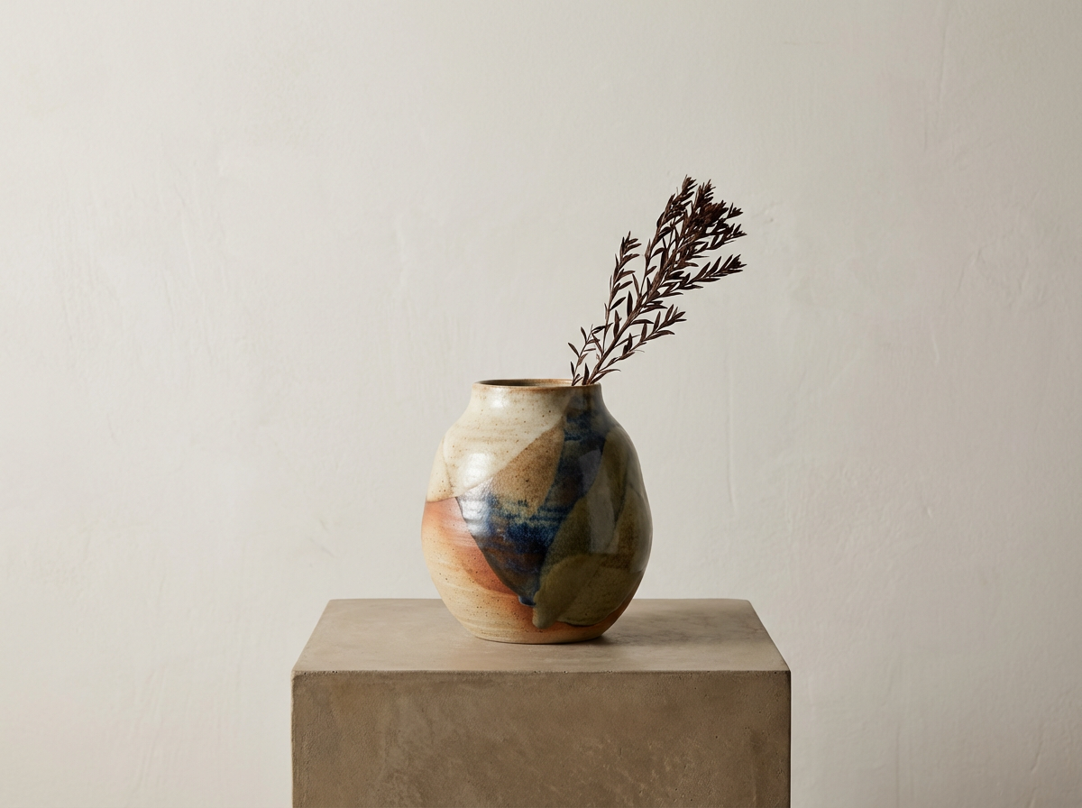 A small, multicolored ceramic vase with brown branches inside, placed on a concrete pedestal against a plain, light-colored wall.