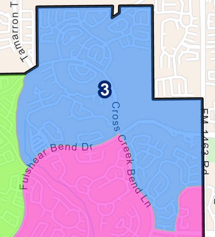 Color-coded neighborhood map showing areas in blue, pink, and green. Streets labeled with names like Fushear Bend Dr and Creek Bend Ln.