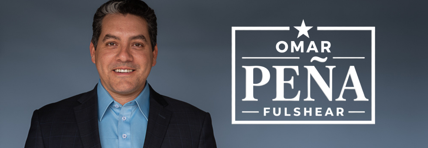 A man in a dark suit and blue shirt smiling, with campaign text that reads 'Omar Peña Fulshear' on a gray background.