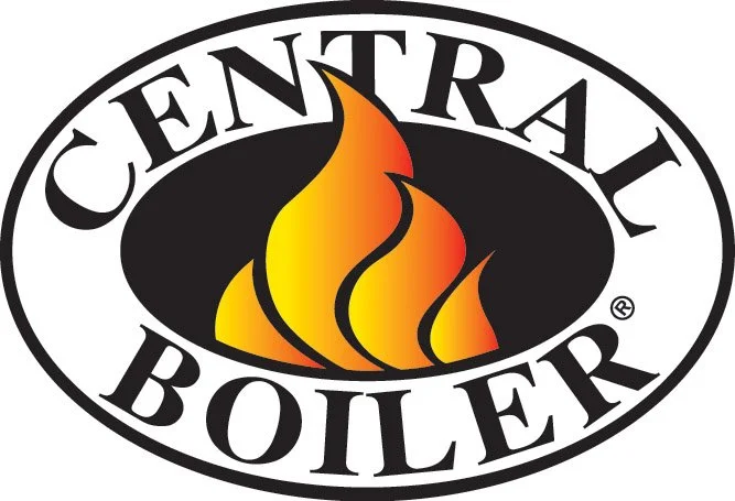 Logo for Central Boiler featuring a black oval with a stylized flame in yellow and orange at the center.