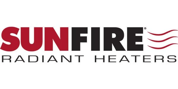 SunFire Radiant Heaters logo with red and black text and three red wavy lines