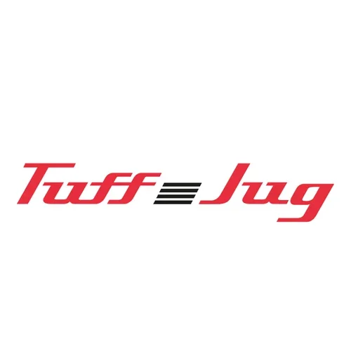 Logo with the words "Tuff Jug" in red stylized font and black racing stripes in the middle.