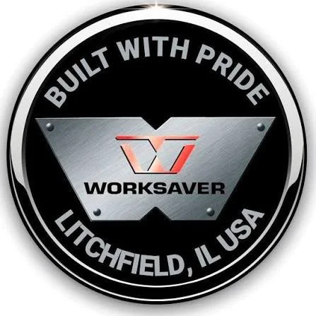 Circular logo with black, silver, and red colors, featuring the text 'BUILT WITH PRIDE' at the top, 'LITCHFIELD, IL USA' at the bottom, and a central metallic shield with the 'WORKSAVER' name and logo.