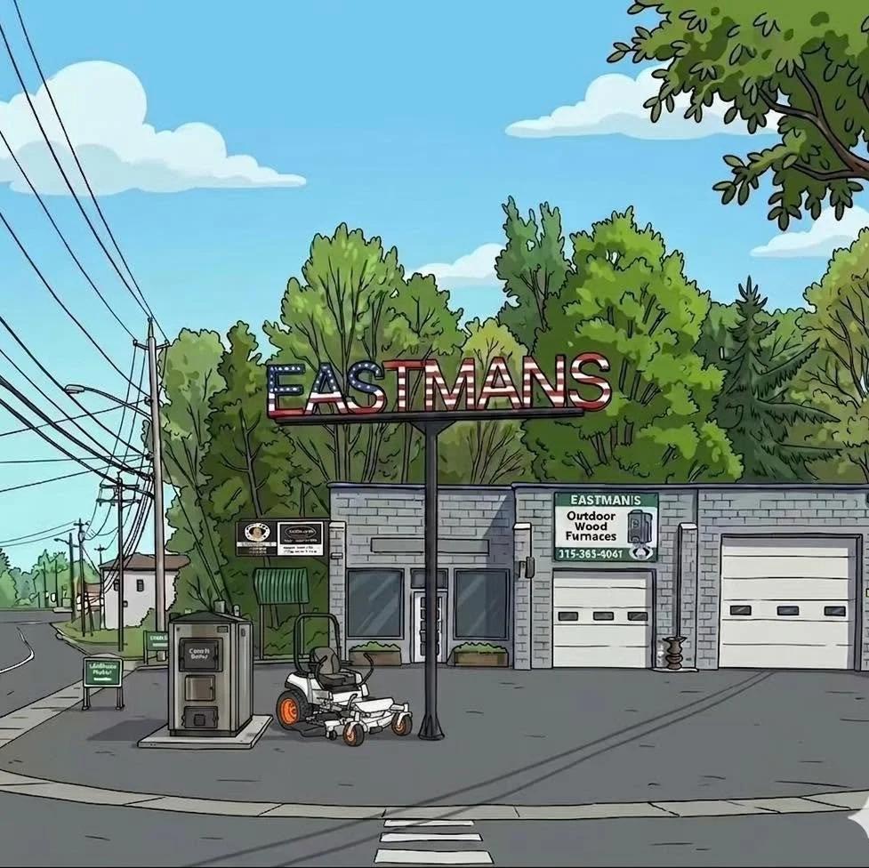 Illustrated street corner featuring a building with a sign for Eastmans, a lawnmower, and electrical poles under a partly cloudy sky.