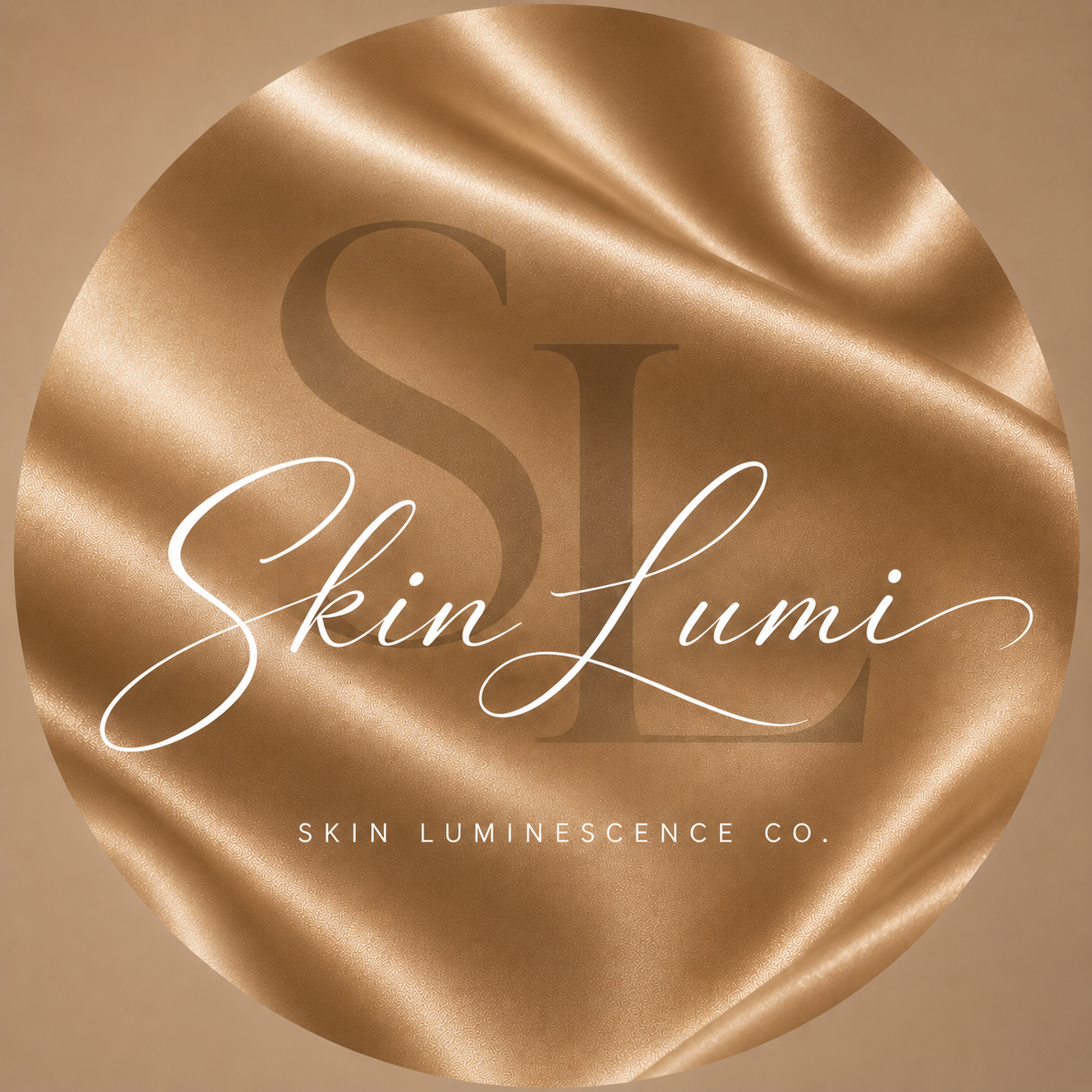 A circular label with a gold satin texture background. Large stylized initials 'SL' at the center. Overlaid in elegant cursive is the text 'Skin Lumi'. Smaller text at the bottom reads 'Skin Luminescence Co.'
