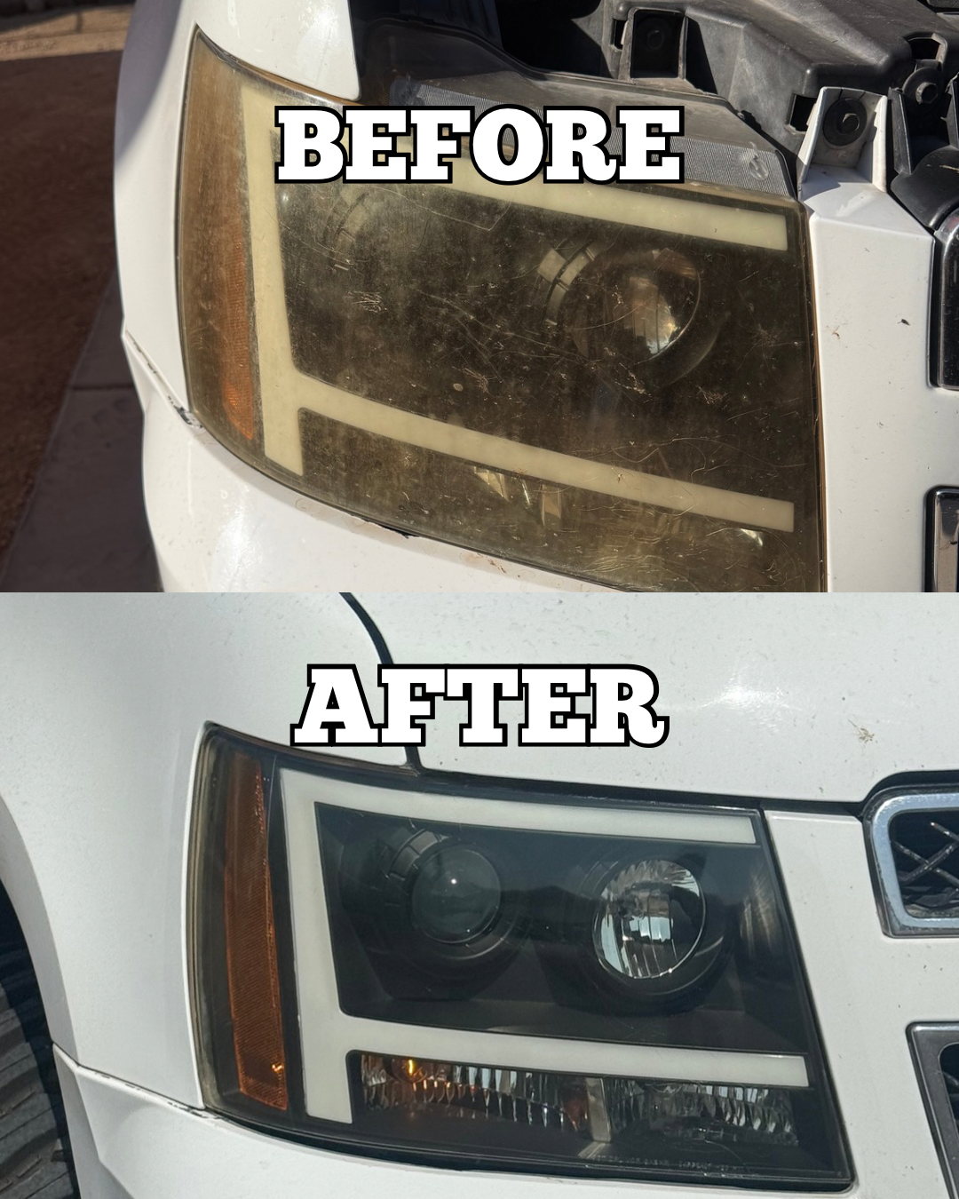 Comparison image showing a car headlight before and after cleaning. The 'before' headlight is cloudy and dirty, while the 'after' headlight is clear and clean.