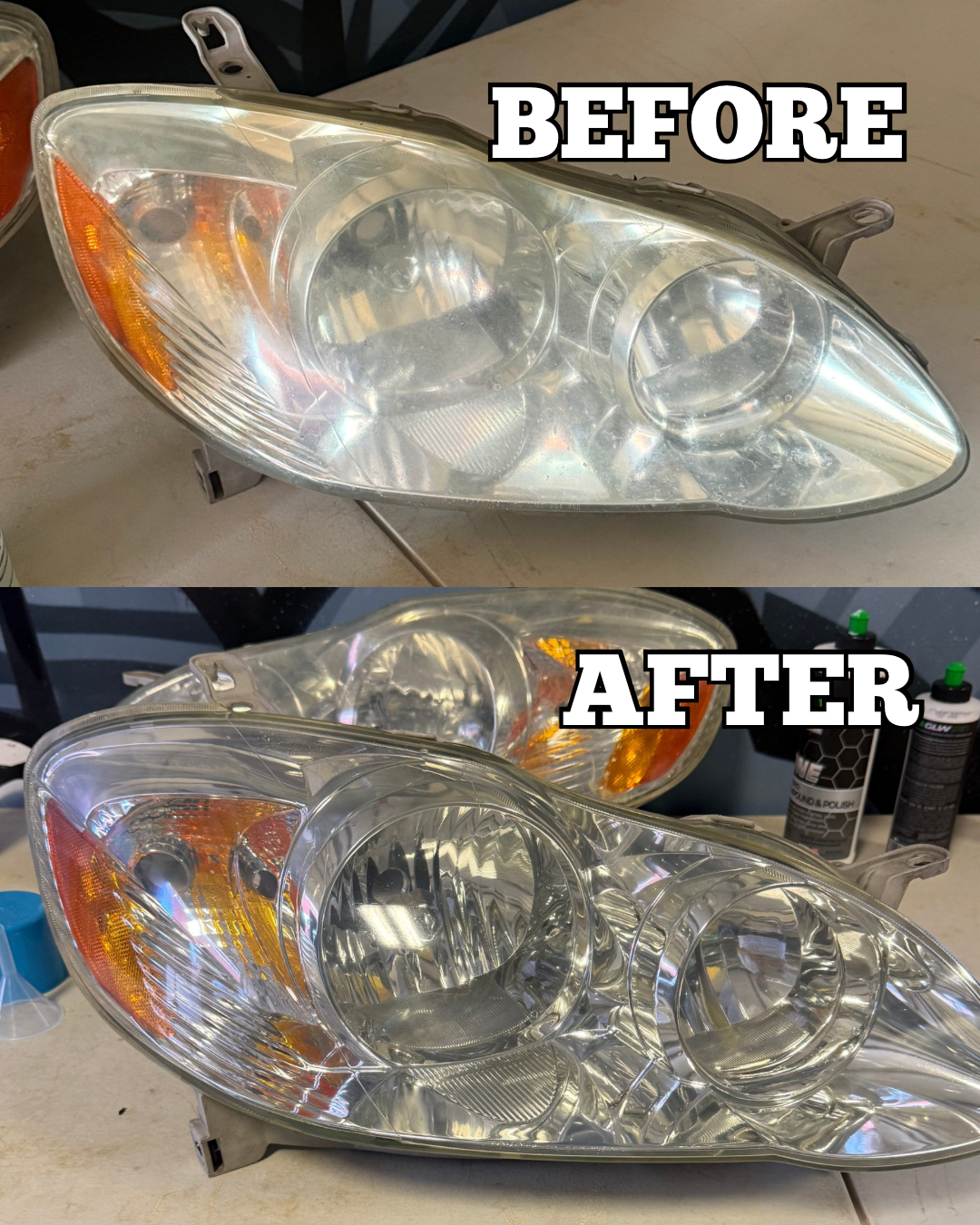Before and after images of a car headlight, showing a cleaned and polished headlight in the after image.