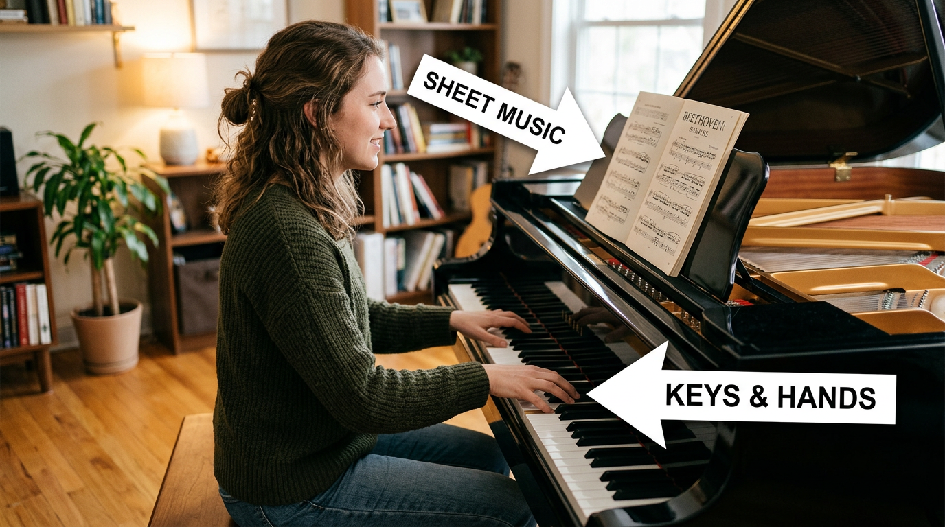 Where Should You Look When Playing Piano: The Keyboard or the Music?