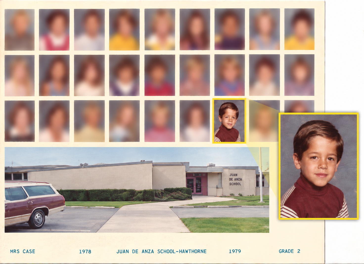 A school yearbook page showing a class photo at the top with individual portraits, and a school building labeled "Juan de Anza School" at the bottom. One student's portrait is enlarged on the right side.
