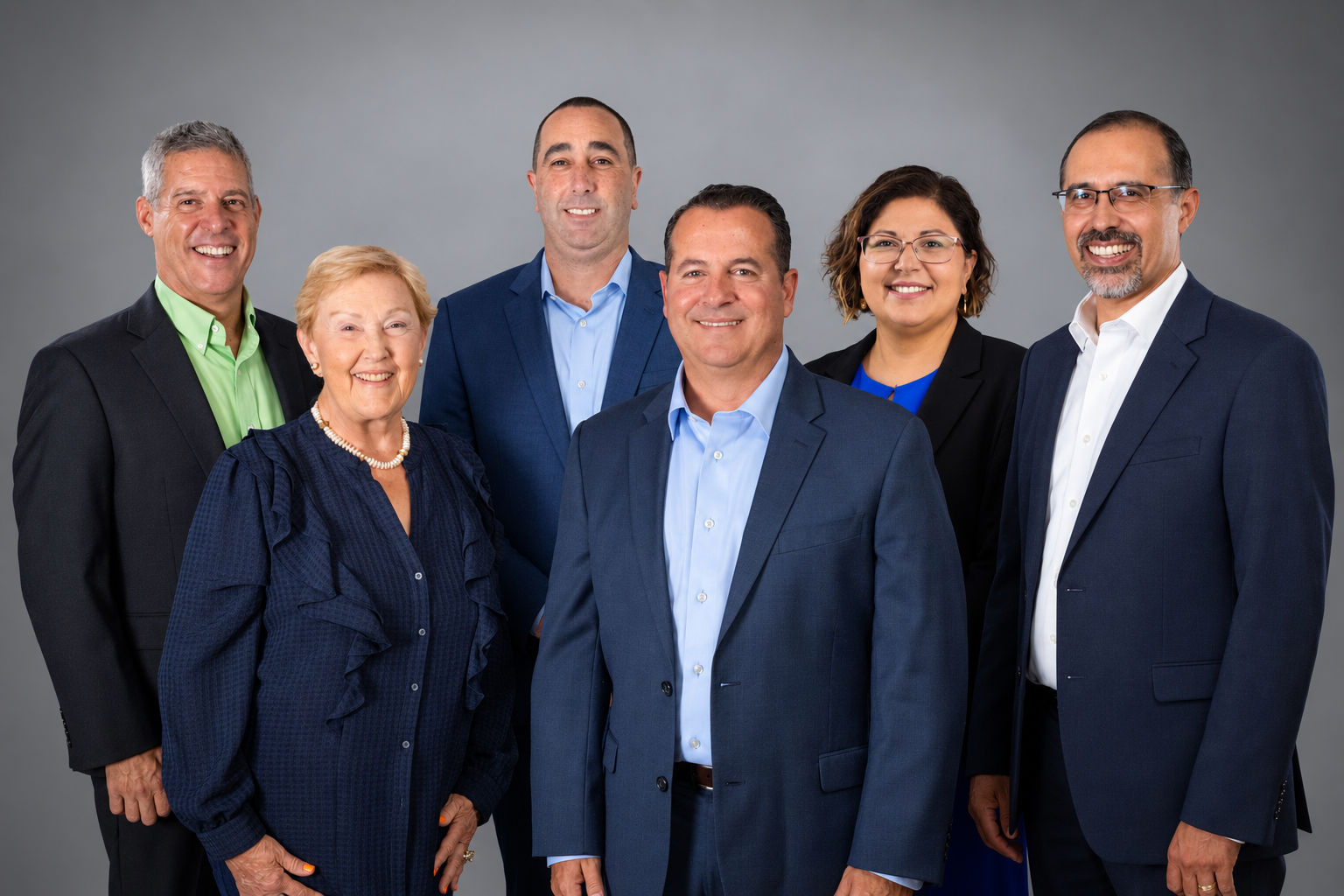 Group of six professionals in business attire standing against a gray background, smiling at the camera.