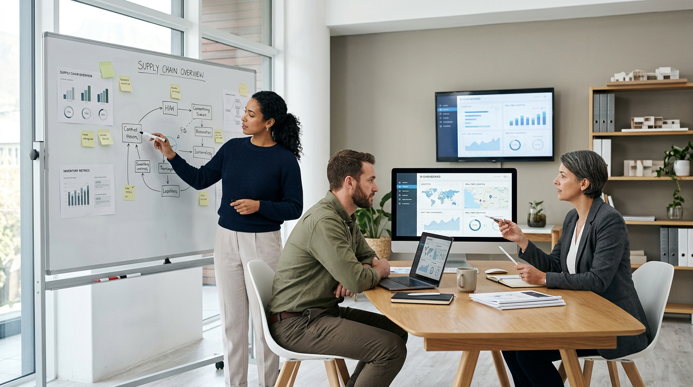A woman presenting a supply chain overview on a whiteboard to two colleagues in a modern office conference room.