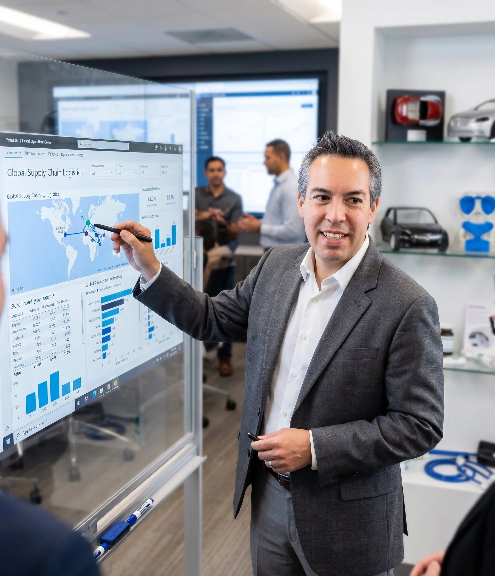 Man in gray suit presenting a business report on a digital screen showing a global supply chain map and charts, with two other people in the background at a modern office.