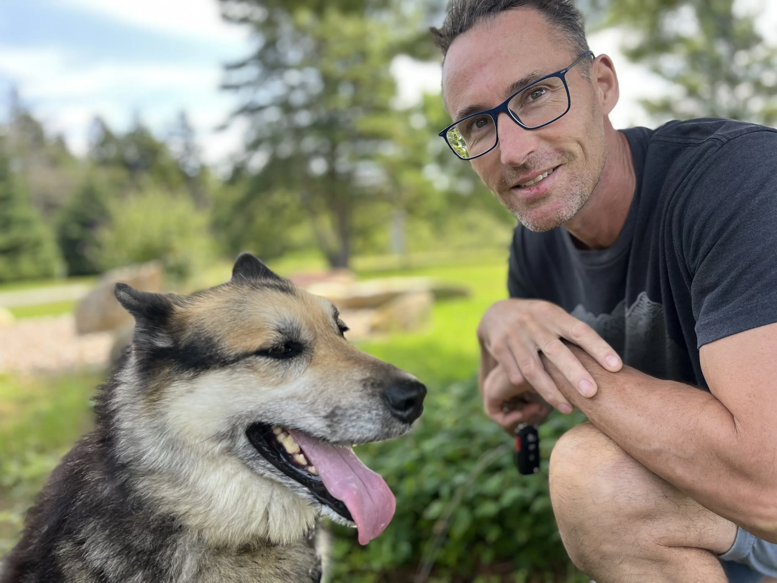 A man wearing glasses and a dark shirt smiling and leaning towards a Siberian Husky dog with its tongue out, outdoors in a park with green trees in the background.