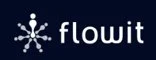 Logo von Flowit mit blauer Text und einem blauen Symbol, das wie ein Stern oder eine Schneeflocke aussieht.