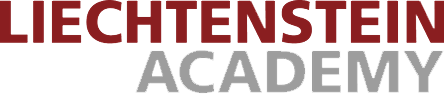 Logo der Liechtenstein Academy mit rotem und grauem Text auf weißem Hintergrund.
