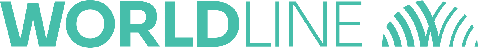 Ein Wortwolke mit dem Text 'Worldline' in großen Buchstaben, umgeben von Linien, Wellen und Abstraktionen, alles in verschiedenen Blau- und Türkistönen.