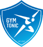 Das Logo eines Fitnessstudios namens 'GYM TONIC'. Es zeigt eine stilisierte Person beim Training in Blau- und Weißfarben, umgeben von einem Schild-Design.