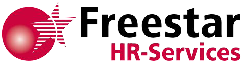 Logo von Freestar HR-Services mit rotem Kreis und schwarzem und pinkem Text