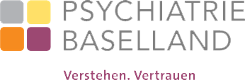 Logo der Psychiatrie Baselland mit den Farben gelb, braun und grau, darunter die Slogans 'Verstehen. Vertrauen' in Pink.