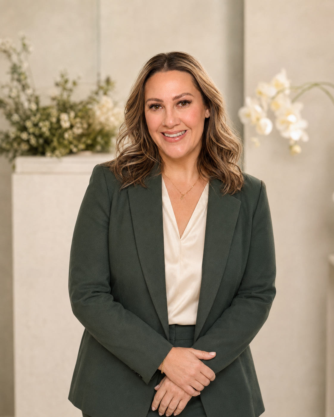 A woman with wavy brown hair smiling in a green blazer and cream blouse, standing indoors with white flowers and neutral walls in the background.