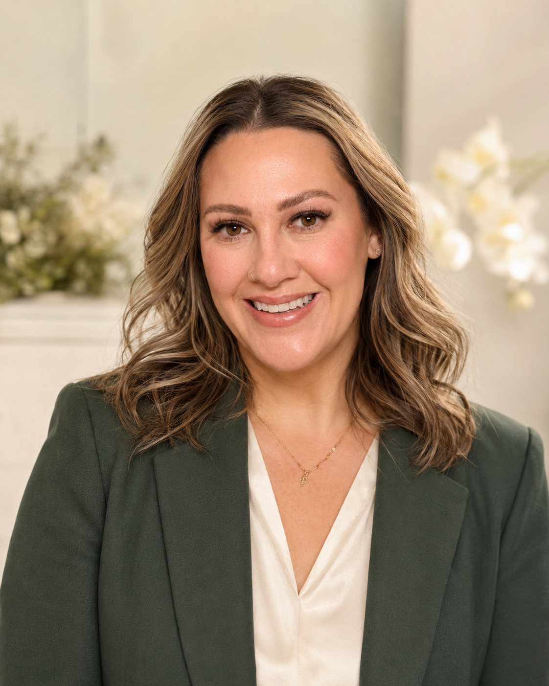 A woman with brown wavy hair and light skin, smiling, wearing a dark blazer and a gold necklace, with a blurred floral background.
