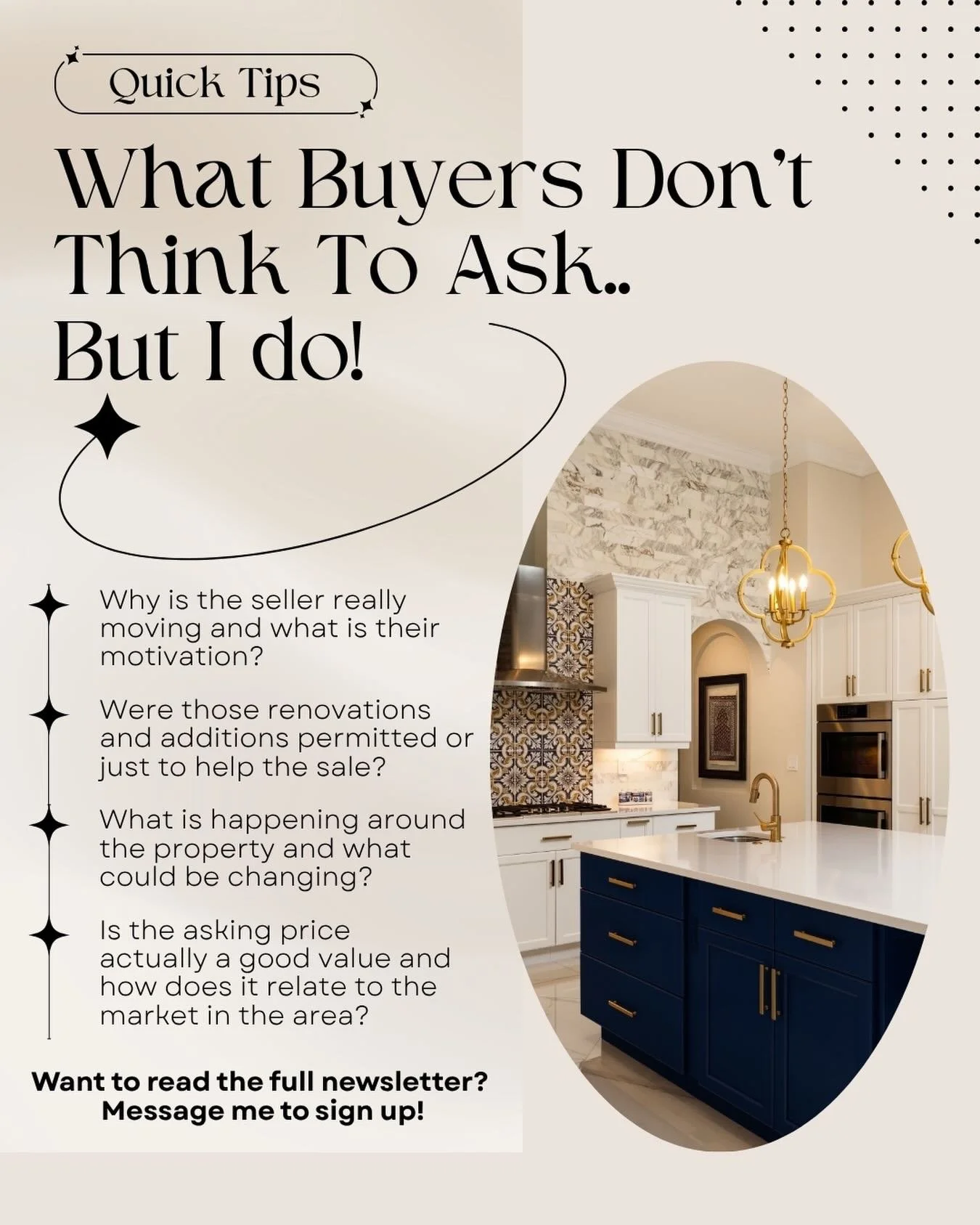 🧐 What Buyers Don&rsquo;t Think To Ask.. But I Do! 

Finding a home you love is exciting, but before you fall in love with the kitchen, there are a few things worth investigating. 🏡

In my latest newsletter, I&rsquo;m sharing some of the questions 