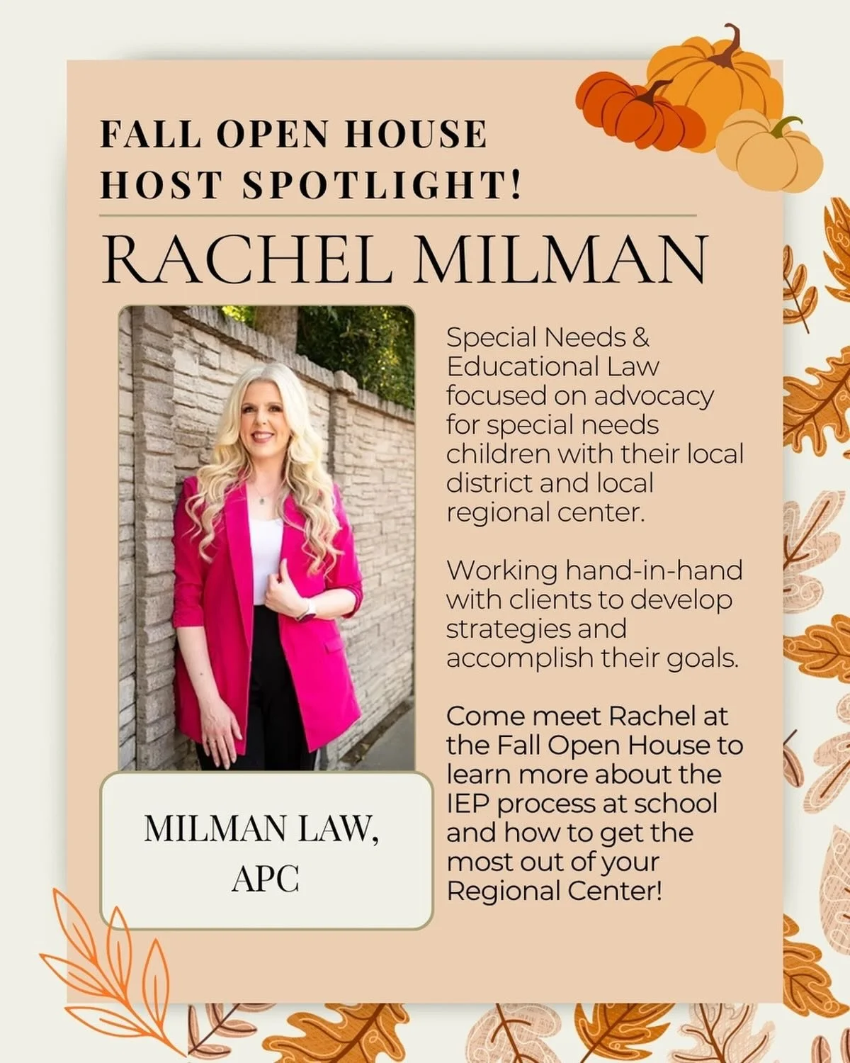 🍂🎃 FALL OPEN HOUSE - EVENT HOST SPOTLIGHT! 🎃🍂

We&rsquo;re so excited to welcome Rachel Milman of Milman Law, APC to our Fall Open House &amp; Halloween Celebration at House of Muse on October 24th! 🧡

Rachel specializes in special needs and edu