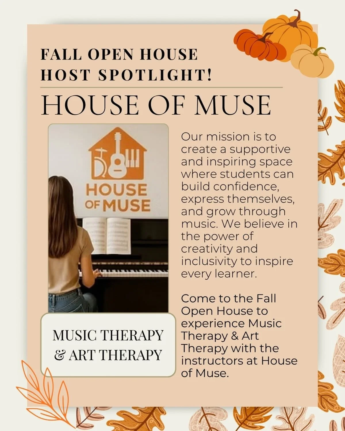 🍂🎨 FALL OPEN HOUSE - EVENT SHOT SPOTLIGHT! 🎶🧡

One of the most special parts of our Fall Open House &amp; Halloween Celebration is getting to share the incredible programs offered right here at House of Muse! ✨

House of Muse is all about creatin