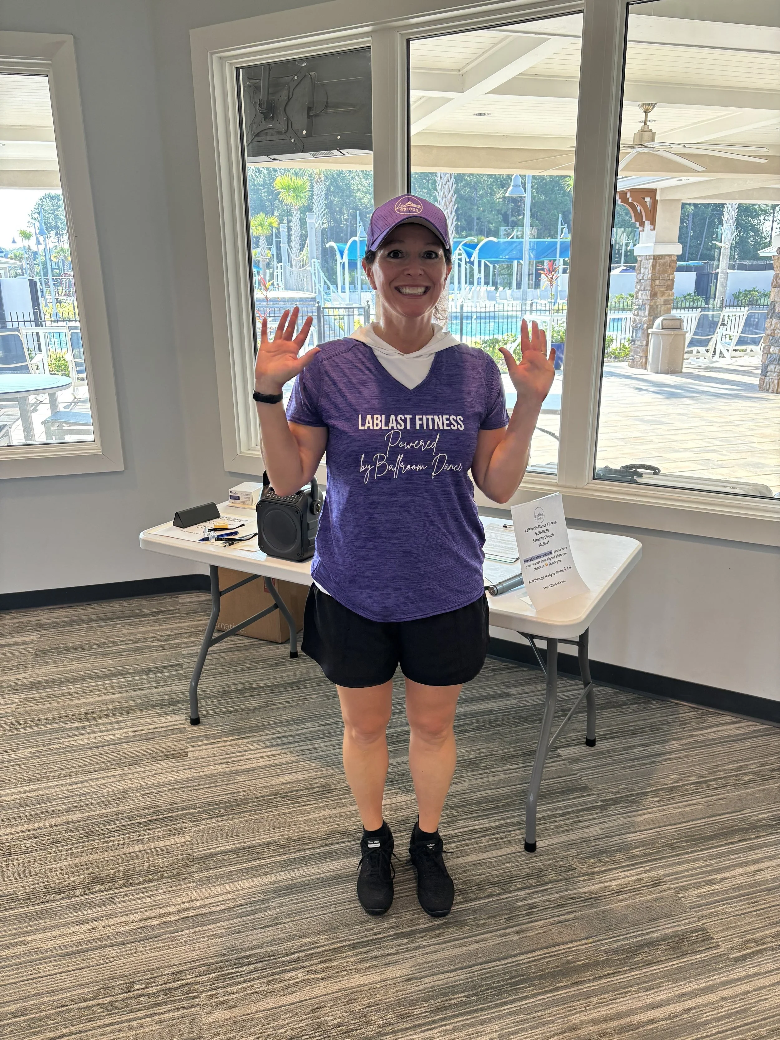 Karen Renaud, certified LaBlast® instructor, preparing to teach a dance fitness class in St. Augustine, Florida.