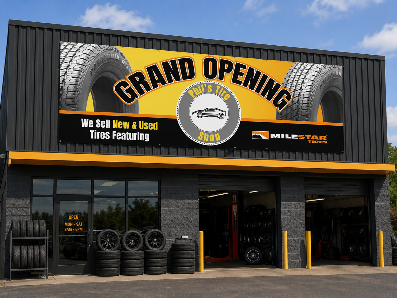 Exterior view of Phil's Tire Shop with a large sign announcing grand opening, selling new and used tires, branded as Milestar Tires, and showing tire stacks outside and an open garage entrance.