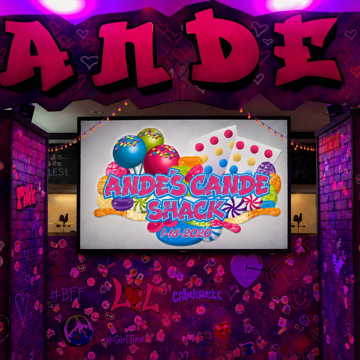Decorative sign for Andes Candy Shack with colorful candies, dice, and date 1-18-2020, framed by walls with pink and purple heart-themed graffiti and small lights.