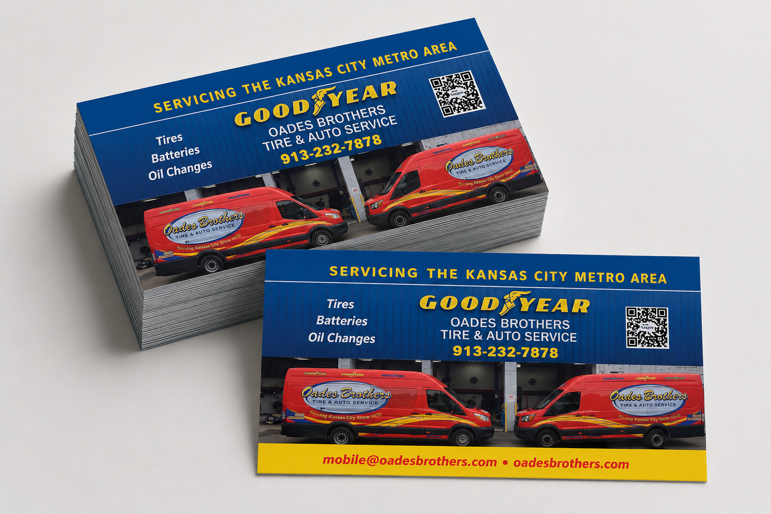 Mobile service business card for multi-location tire shop.