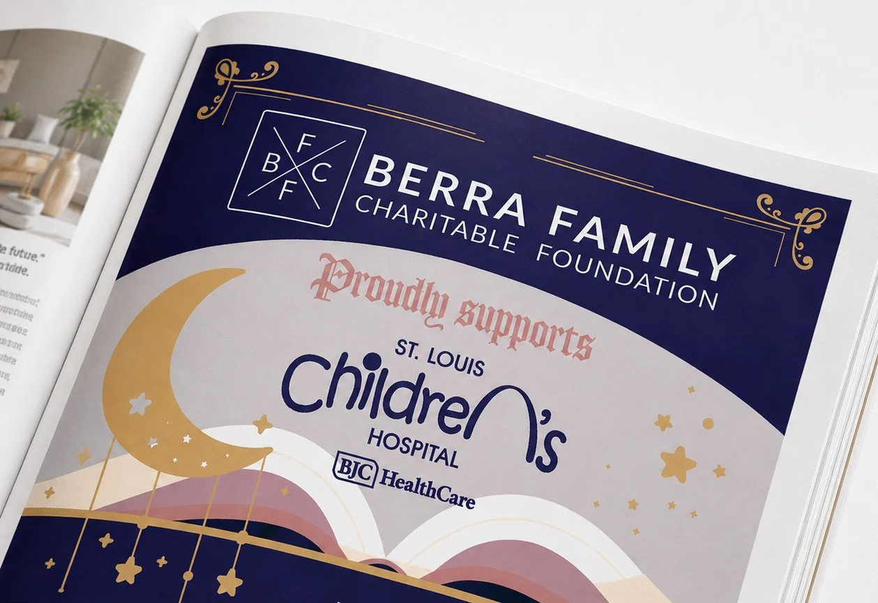 A printed flyer or poster showing support from Berra Family Charitable Foundation for St. Louis Children's Hospital, featuring a large gold crescent moon, stars, and a stylized landscape with pink and purple hills.
