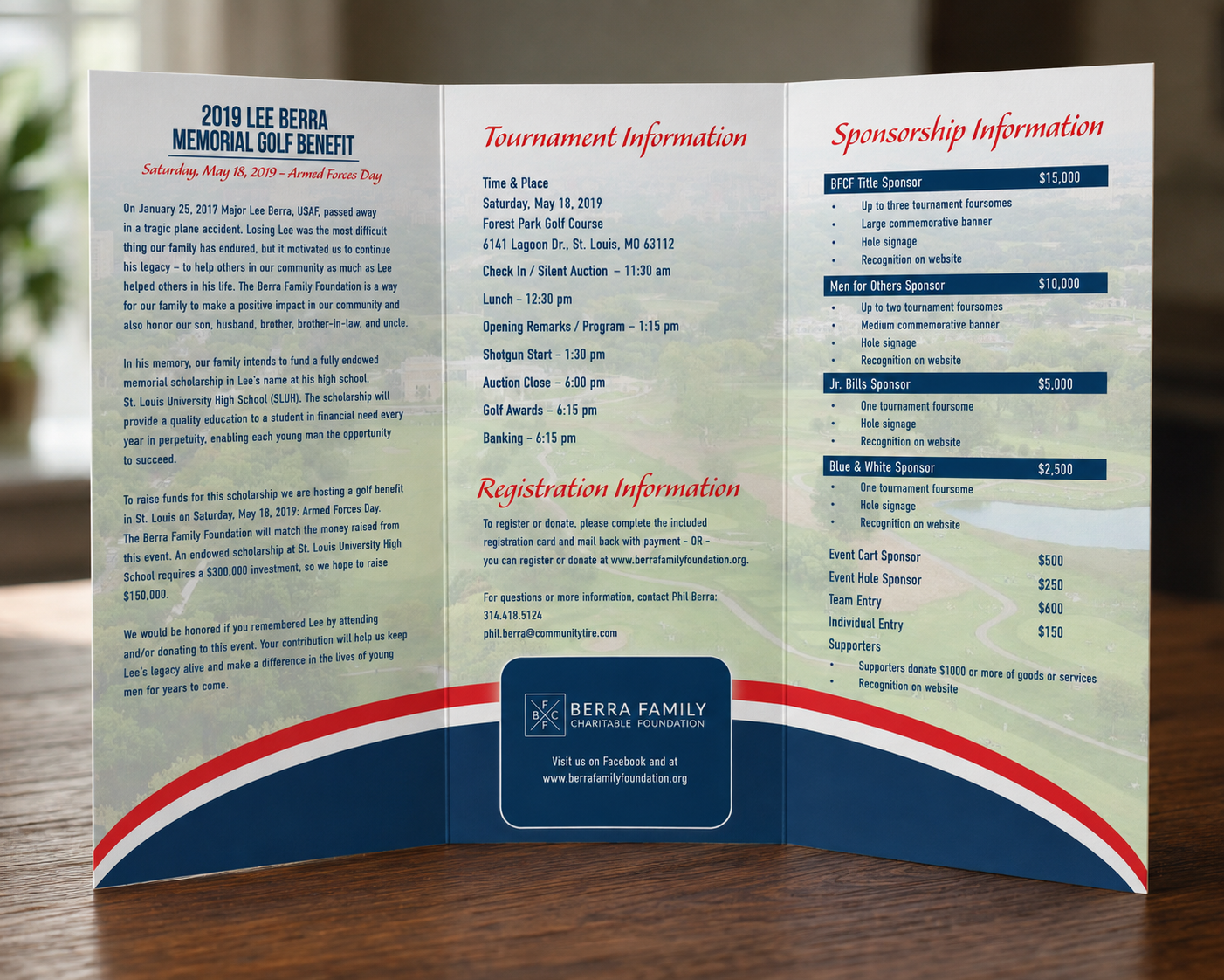 Golf benefit fundraiser brochure with event details, sponsorship options, and history of Lee Berra.